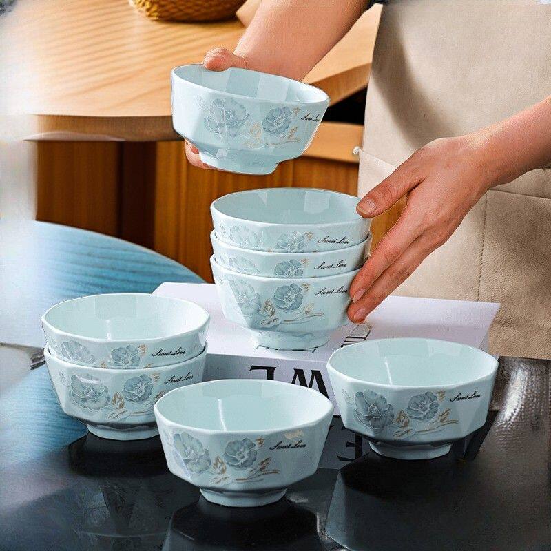 影青瓷甜蜜蜜4.5英寸米饭碗10个装加厚防烫牡丹花碗欧式吃饭碗