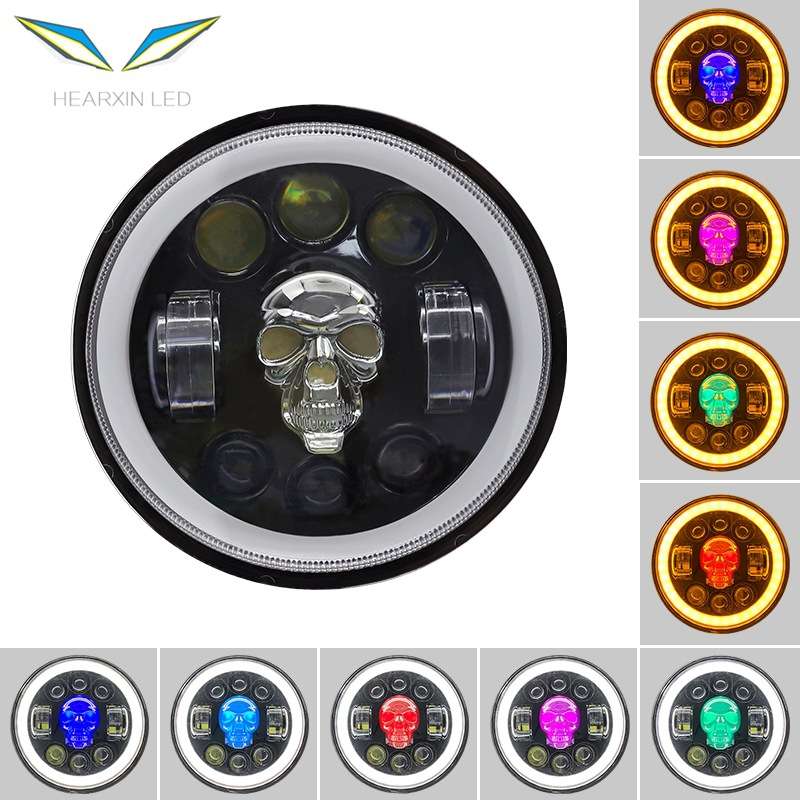 牧马人哈雷5.75英寸炫彩骷髅头大灯 H4恶魔眼铺路灯led远近光大灯