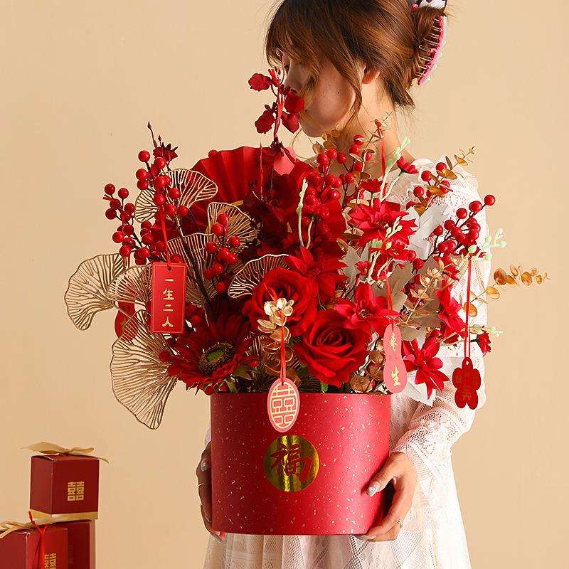 结婚花束女方陪嫁花艺摆件订婚假花花摆设新年花桶年宵花装饰