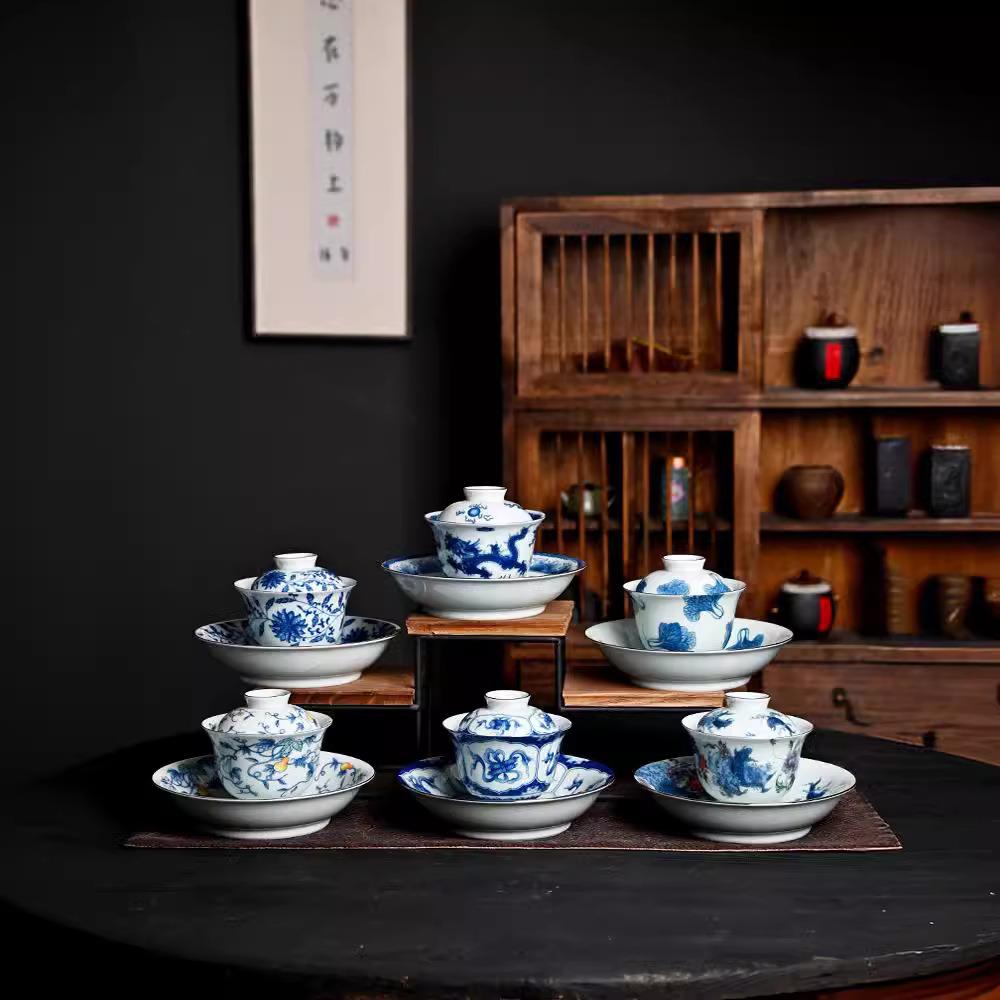 复古青花瓷三才盖碗釉中彩泡茶器中式家用陶瓷茶具描金防烫茶碗