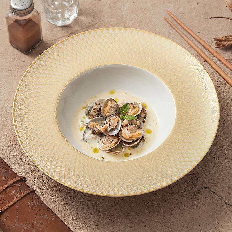 万丽金黄陶瓷草帽盘浓汤盘高端轻奢意面盘西式餐盘家用菜盘沙拉盘