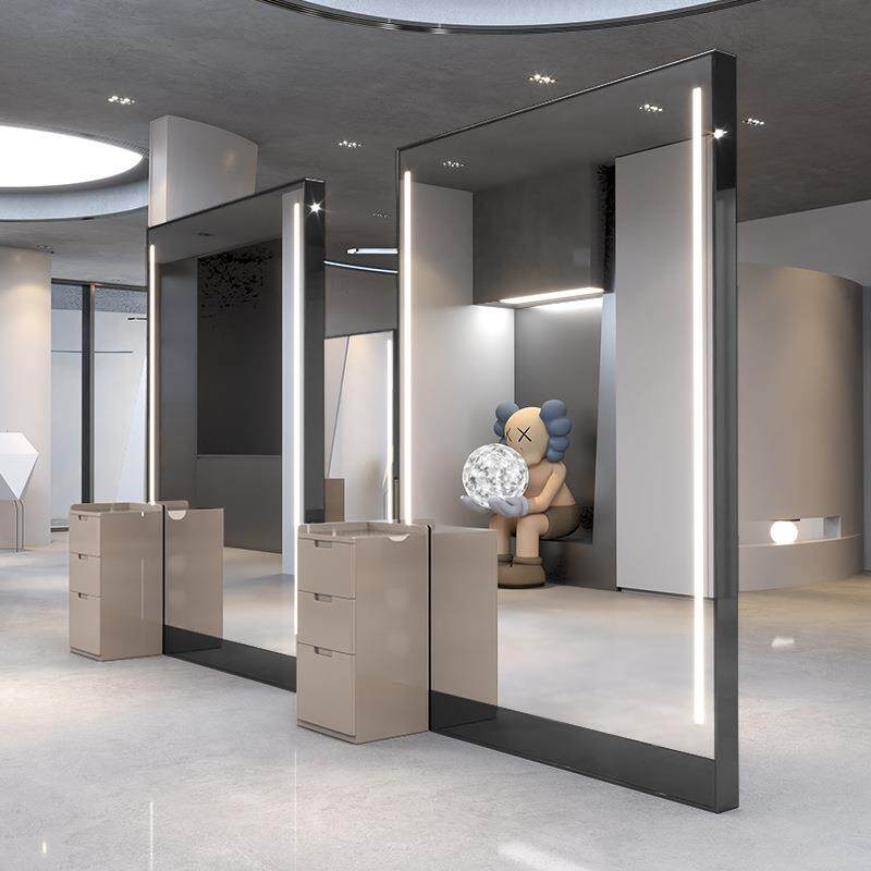 网红理发店单双面镜子美发店镜台发廊带灯落地镜带柜子剪发镜