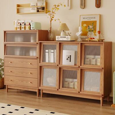 实木收纳柜靠墙餐边柜书柜日式一体藤编杂志柜带玻璃置物客厅Tω