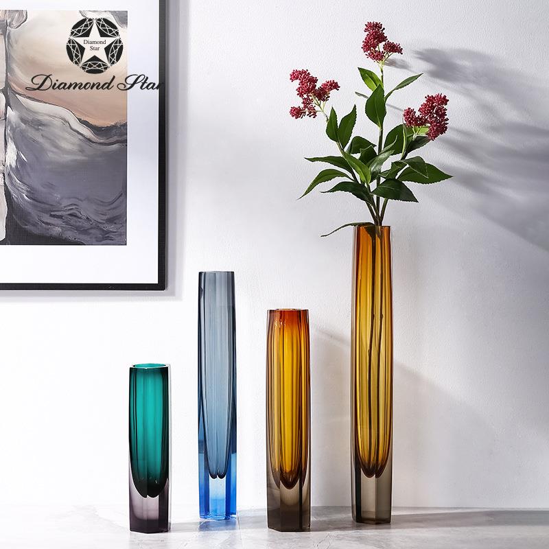 钻石星仿水晶小口径高款玻璃花瓶客厅茶几玄关置物架单支插花器