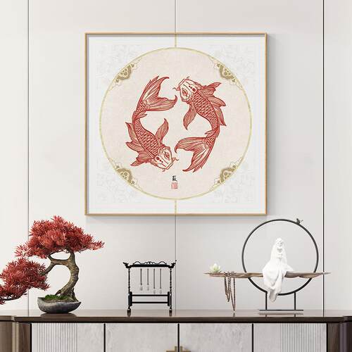 新中式入户玄关装饰画中国风餐厅画好运锦鲤寓意好挂画正方形壁画