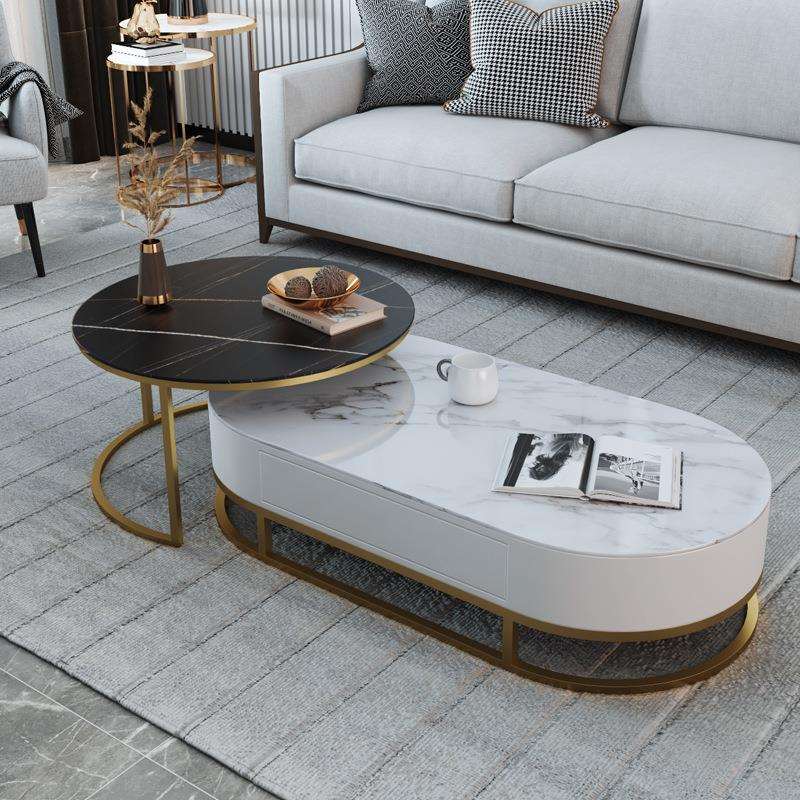 小户型客厅可伸缩电视柜茶几组合家用大理石椭圆形茶几长方形地柜