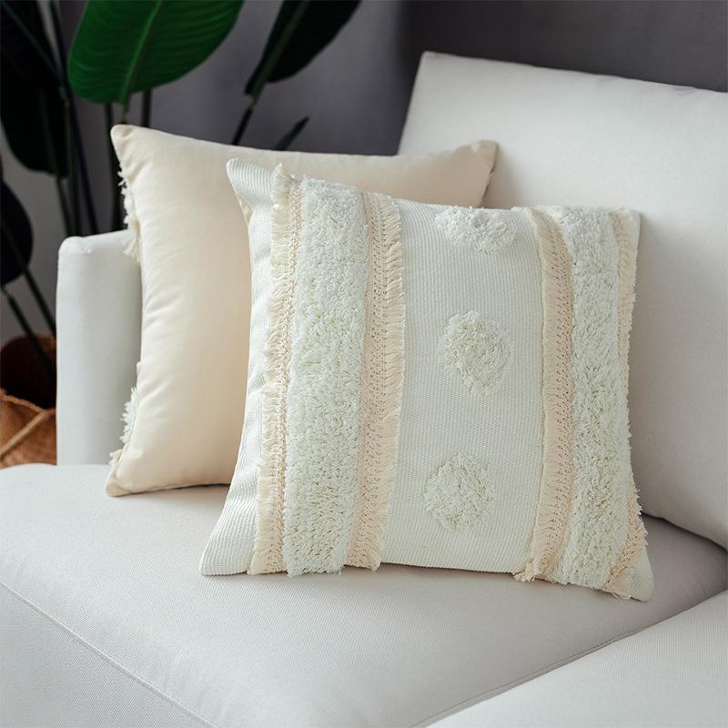 名杨织秀棉线编织布艺现代简约白玉簇绒花边抱枕套沙发腰枕靠垫套