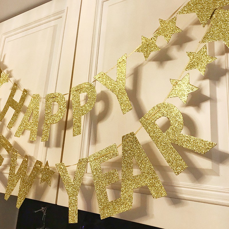2022年新年快乐串旗ins风烫金场景布置装饰用品挂饰旗帜拉旗横幅