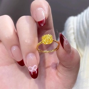 香港【精品】沙金镀金黄金镀24k金拉丝小方糖素圈戒指女款不掉色