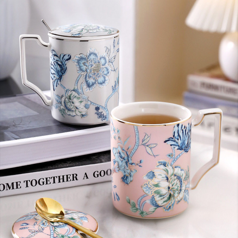 中式复古水墨丹青牡丹陶瓷马克杯子带盖个性女水杯家用