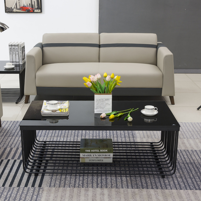 现代简约办公茶几轻奢钢化玻璃 黑色茶几 客厅办公室商务茶几A08