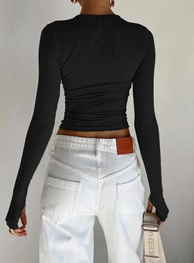 Fashion Women T-shirt Long Sleeve Crew Neck Solid Slim Fit L