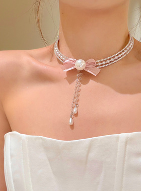 千金淑猫蝴蝶结锆石流苏项链