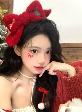 圣诞节标配红色针织毛线蝴蝶结发夹发饰节日装扮服装配饰拍照头饰