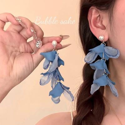 雾蓝海浪超仙夸张花瓣流苏耳环