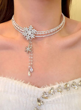 冬日女主闪锆雪花流苏珍珠项链