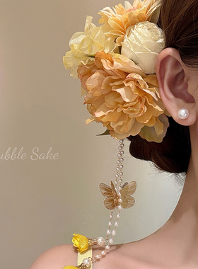 原创【梧桐花束】超仙黄色花朵蝴蝶流苏发夹女侧边夹发卡海边发饰