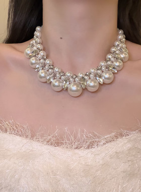 千金玛德琳复古闪钻珍珠choker