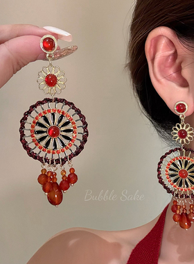 明媚敦煌 民族风波西米亚红色串珠流苏耳环女个性夸张耳钉耳饰品