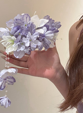 原创【紫色尤物】超仙紫色花朵流苏发夹女度假风拍照头花发卡发饰