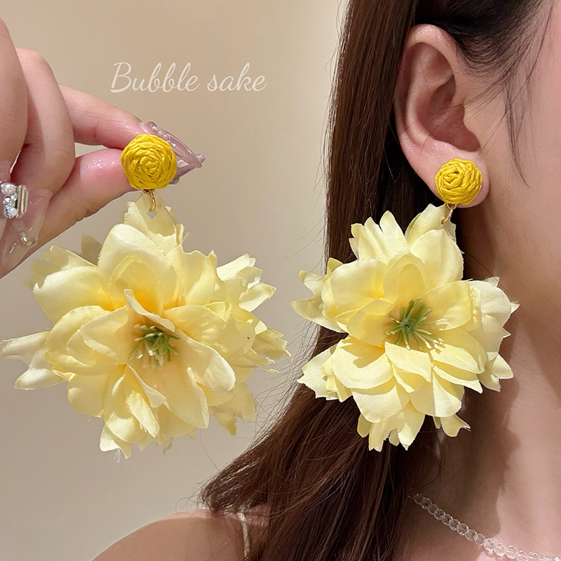 原创【明媚女主】夏天超仙黄玫瑰耳环女气质耳钉海边度假夸张耳饰