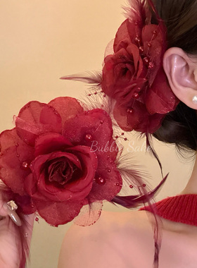 明媚花集 新中式红色花朵发夹女古风旗袍侧边夹发卡头花发饰头饰