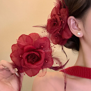 明媚花集 新中式红色花朵发夹女古风旗袍侧边夹发卡头花发饰头饰