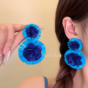 海滩派对 度假风蓝色花朵耳环女夸张高级感耳钉海边旅游绝美耳饰