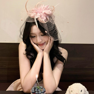 茶会千金 法式粉色网纱小礼帽发夹女名媛风气质生日宴会头纱发饰