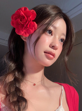Caro同款！红色玫瑰花发夹女侧边夹子刘海夹海边发饰新年拍照头饰