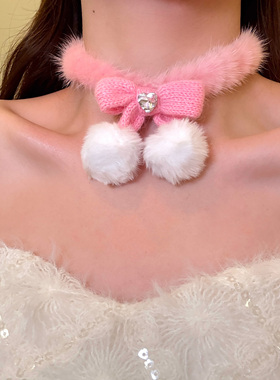 柔柔奶芙粉色蝴蝶结毛绒choker