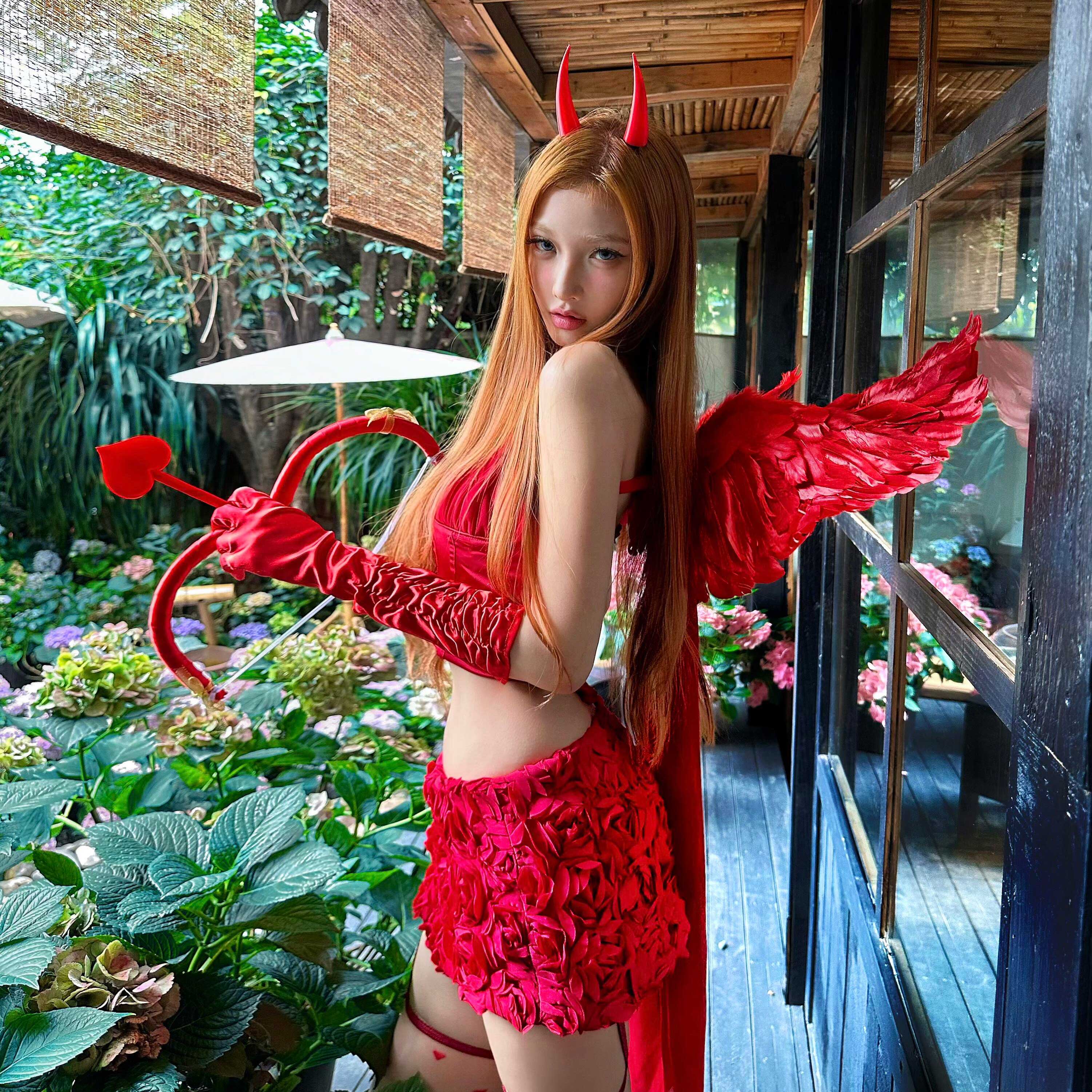 邪恶丘比特 万圣节红色恶魔天使羽毛翅膀套装cos装扮拍照道具头饰