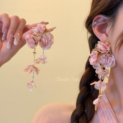 雾桃情诗超仙粉色花朵流苏耳环