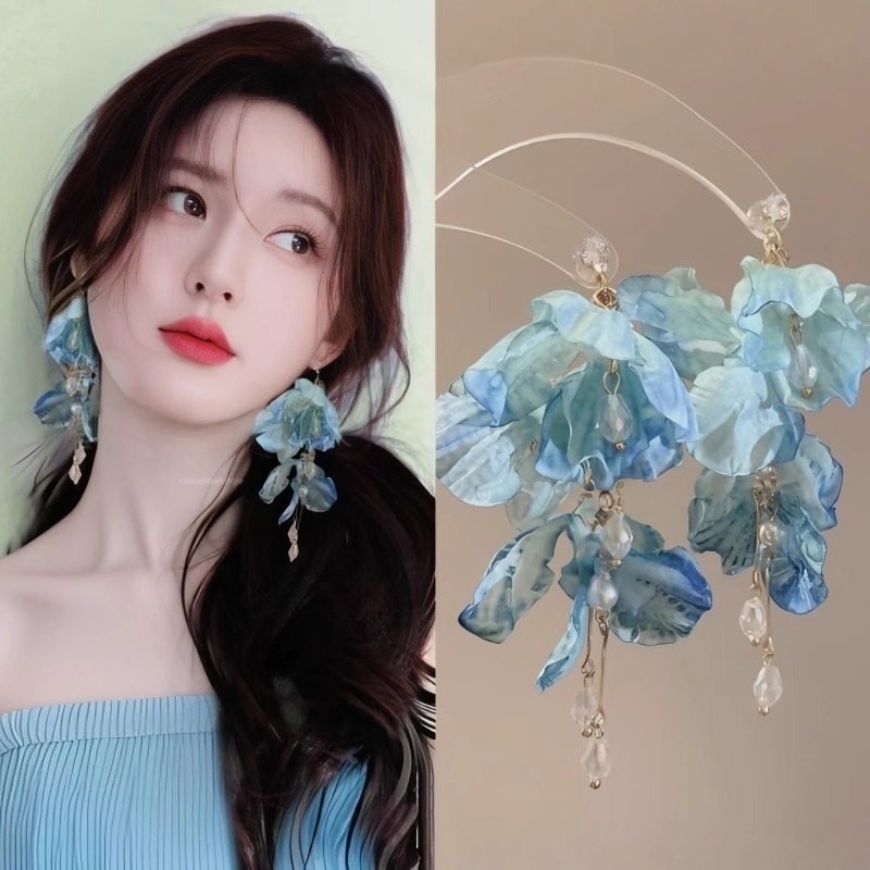 赵露思同款夏日蓝色花朵流苏耳环女2025新款海边度假夸张绝美耳饰