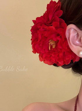 【原创】明媚大女主 新中式红色花朵发夹女古风旗袍边夹头花发饰