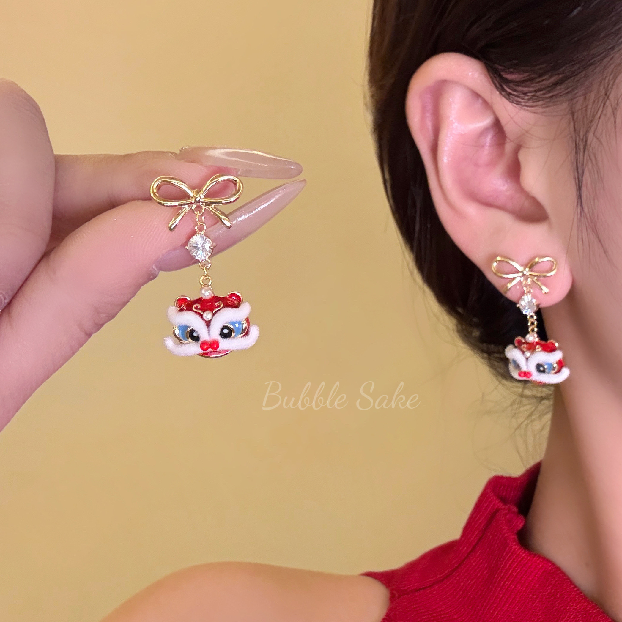 狮结贺年 金色蝴蝶结闪锆醒狮耳钉女独特小众高级感气质新年耳饰,饰品/流行首饰/时尚饰品新,耳钉,淘宝优惠券,粉丝福利购,淘宝优惠卷