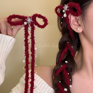 新年红特辑 蝴蝶结珍珠飘带发夹女圣诞节鸭嘴夹发卡拍照穿搭头饰