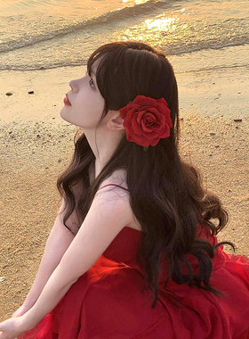 灼烧浪漫 海边度假风红色玫瑰发夹女侧边刘海夹头饰拍照头花发饰