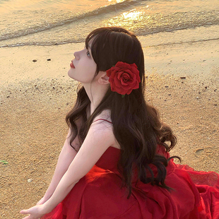 灼烧浪漫 海边度假风红色玫瑰发夹女侧边刘海夹头饰拍照头花发饰
