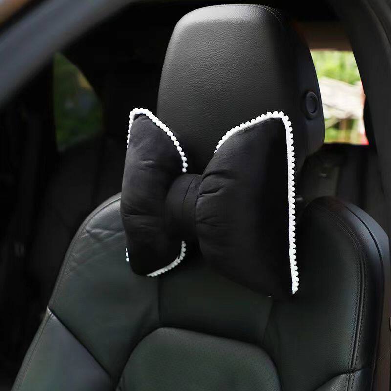 车载毛绒护颈头枕蝴蝶结可爱冬季座椅靠枕网红车用女生枕头