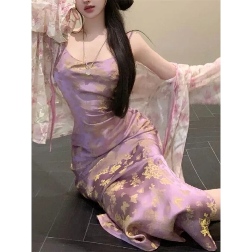 新中式提花吊带连衣裙女夏季国风复古收腰开叉中长款包臀裙两件套,女装/女士精品,大码套装,淘宝优惠券,粉丝福利购,淘宝优惠卷