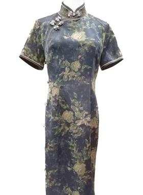 SY007映春牡丹香云纱旗袍女款舒适时尚绿色春夏款礼服长旗袍