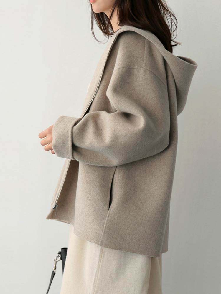 亚马逊wish秋冬新款韩版连帽毛呢外套女短款宽松纯色小个子休闲呢