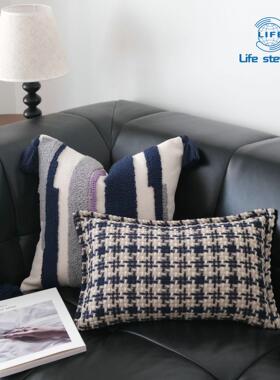 深蓝色针织压边抱枕千鸟格腰枕靠垫靠枕地中海风 cushion cover