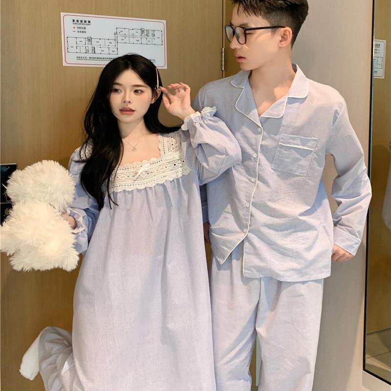 韩版情侣睡衣女长袖蕾丝条纹春秋睡衣/家居服套装