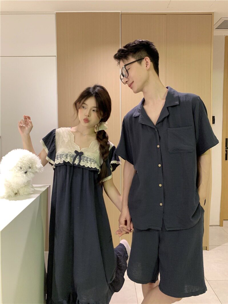 韩版情侣夏季短袖睡衣蕾丝翻领宫睡衣/家居服套装