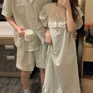 韩版情侣装睡衣女夏季甜美格子全棉麻睡裙短袖短裤男士家居服套装