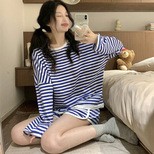 家居服两件套装 简约ins慵懒风撞色条纹睡衣女款 短裤 夏季 圆领长袖