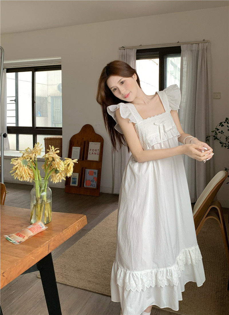 纯棉睡裙夏季女款2025新款甜美小飞袖吊带花边方领中长款家居服