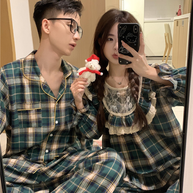 韩版情侣睡衣女秋冬款加厚纯棉磨毛蕾丝边格纹长袖男士家居服套装